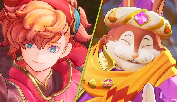 Visions of Mana release date: an orange-haired boy next to a sly-looking rabbit man wearing gold jewellery