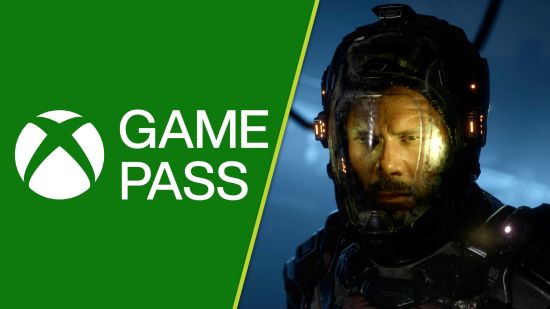 Xbox Game Pass June: A split image showing the white logo of Xbox Game Pass on a green background next to a man in a space suit whose face is illuminated on the inside with a yellow light