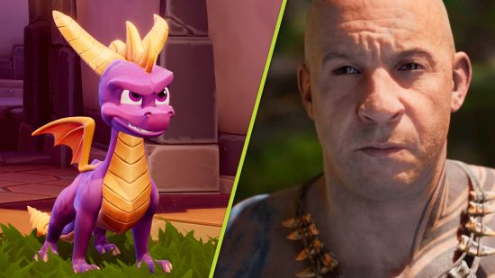 Xbox Games Showcase: A split image showing Spyro the purple dragon snarling and a close-up of Vin Diesel in Ark 2 with tribal tattoos