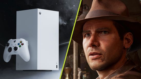 New Xbox consoles Series X|S all-digital: Indiana Jones wearing a brown hat next to the new all-digital Xbox Series X