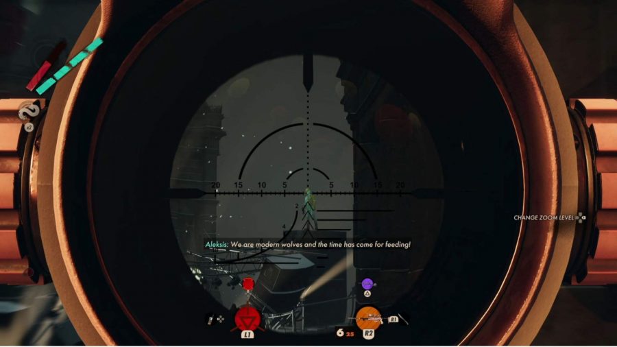 Colt is aiming through his sniper scope at the enemy standing on the stage.